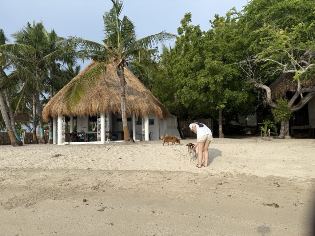 カオハガン島のニッパヤシ屋根のコテージと白砂のビーチ