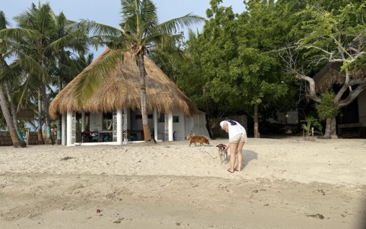 カオハガン島のニッパヤシ屋根のコテージと白砂のビーチ